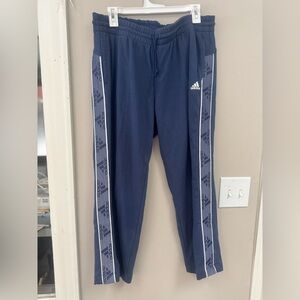 Adidas Women's Blue Joggers with White Logo Stripes